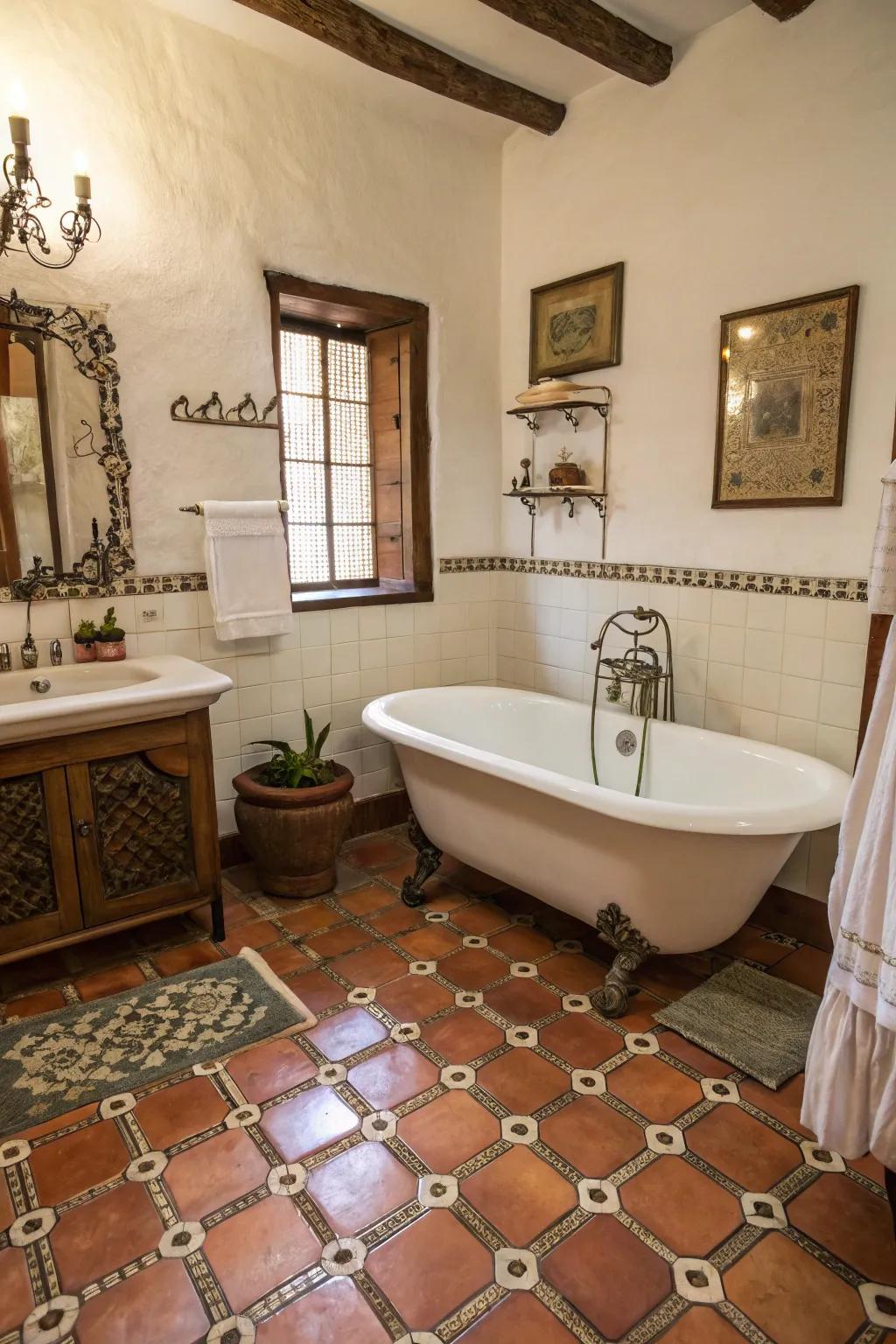 A vintage-style bathroom with Saltillo tile flooring and an elegant clawfoot tub.