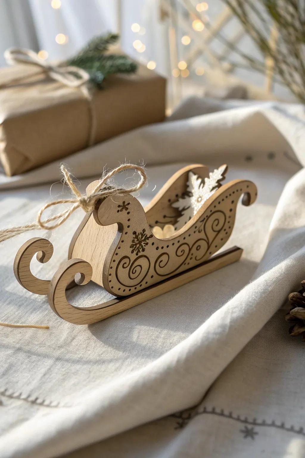 Elevate your gift wrapping with a handcrafted Santa sleigh tag, merging simplicity and natural beauty.