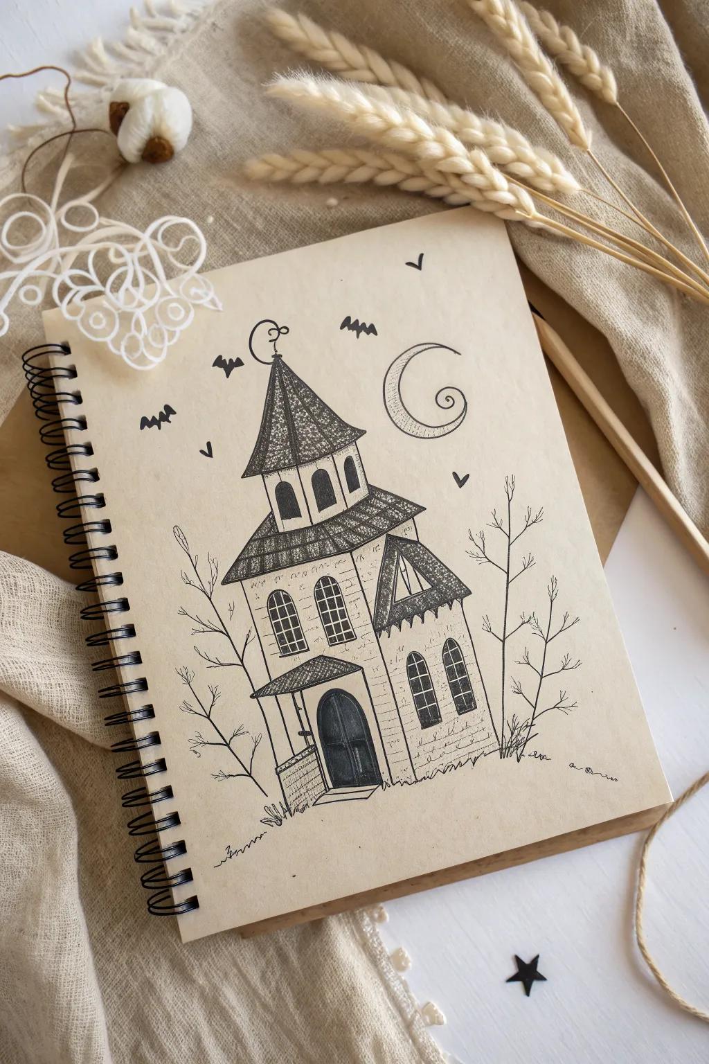 Embrace the spooky charm of minimalism with this boho-inspired haunted house sketch.