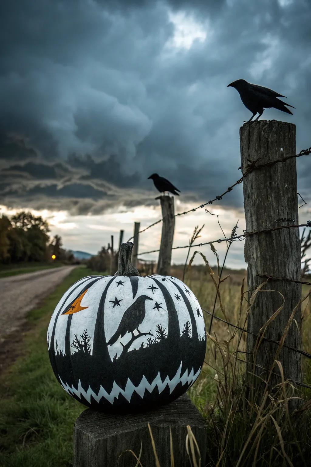 Crow-themed pumpkins add a touch of gothic mystery.