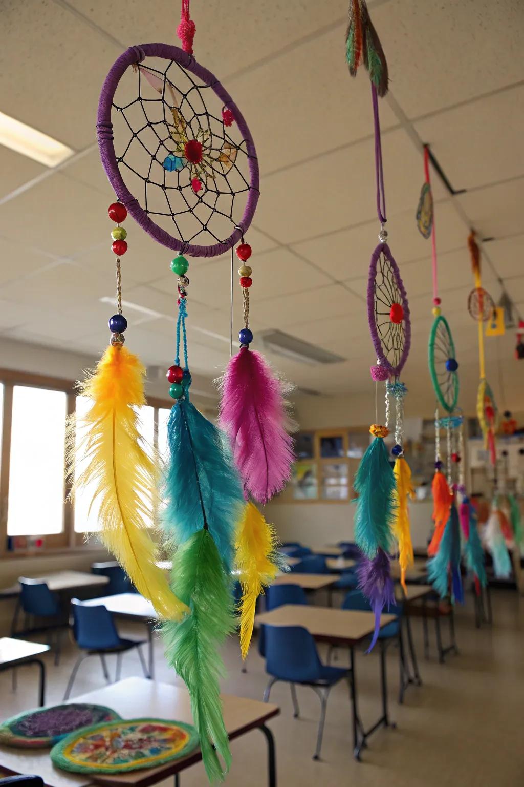 DIY dream catchers add a whimsical touch to classroom decor.