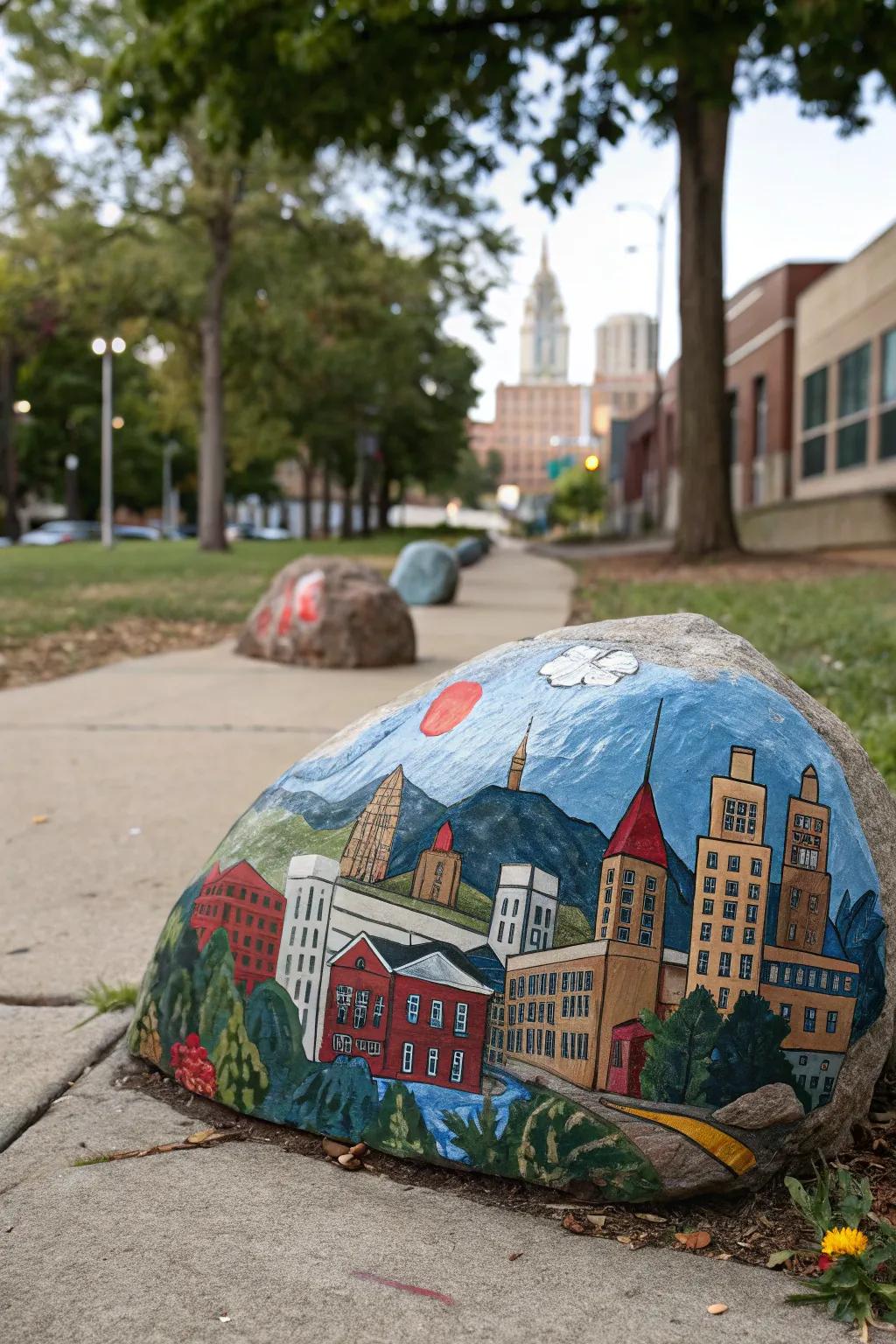 A detailed cityscape rock painting showcasing iconic landmarks.