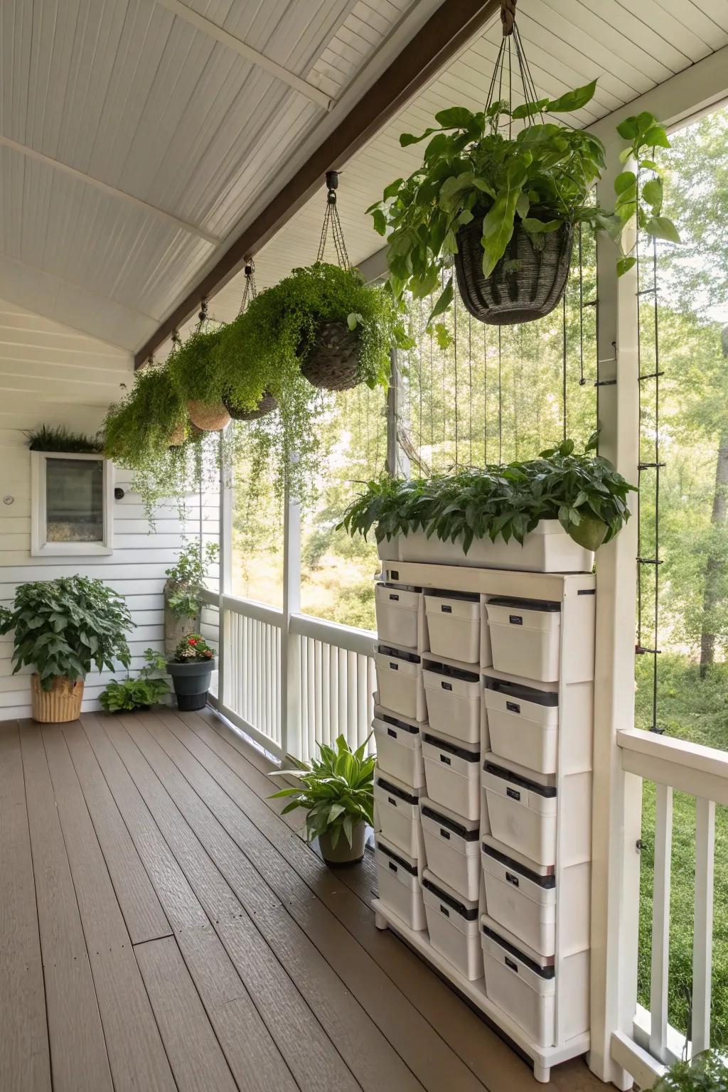 Vertical elements add depth and maximize space on your screened porch.