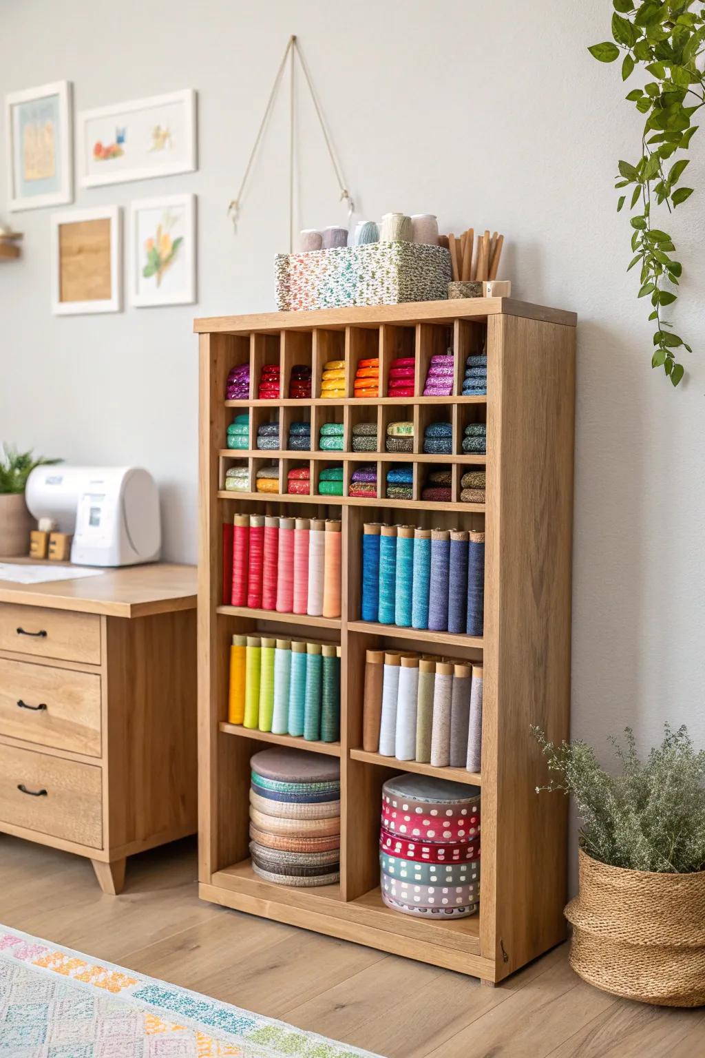 Transform your sewing space with color-coded cubbies – a rainbow of inspiration in minimalist style.