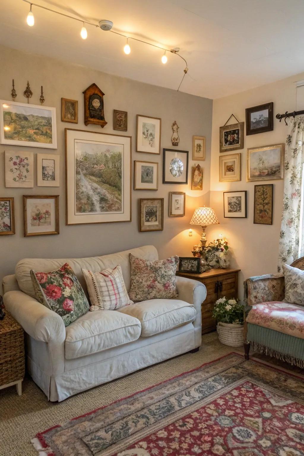 Vintage artwork adds personality to a shabby chic living room.