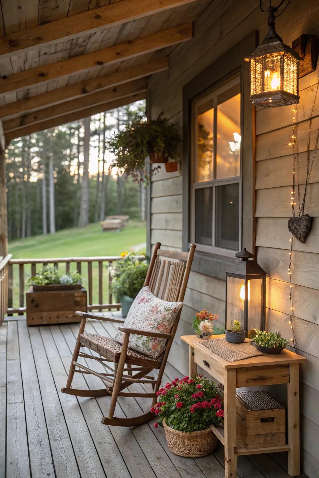 Embrace a rustic retreat theme on your porch with wooden furniture.