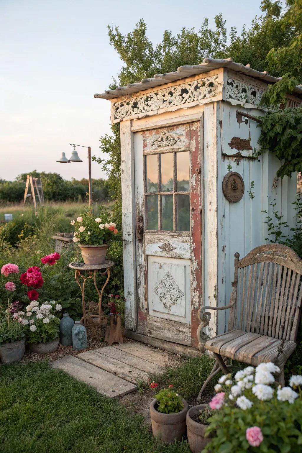 Shabby chic trim offers a relaxed and romantic feel to this shed door.