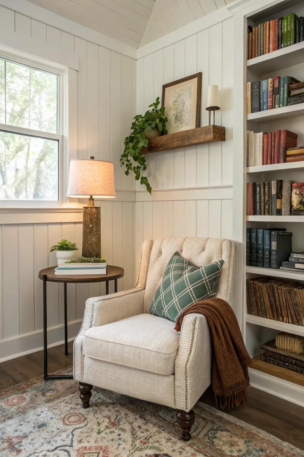 A tranquil reading nook with soft white shiplap wainscoting.