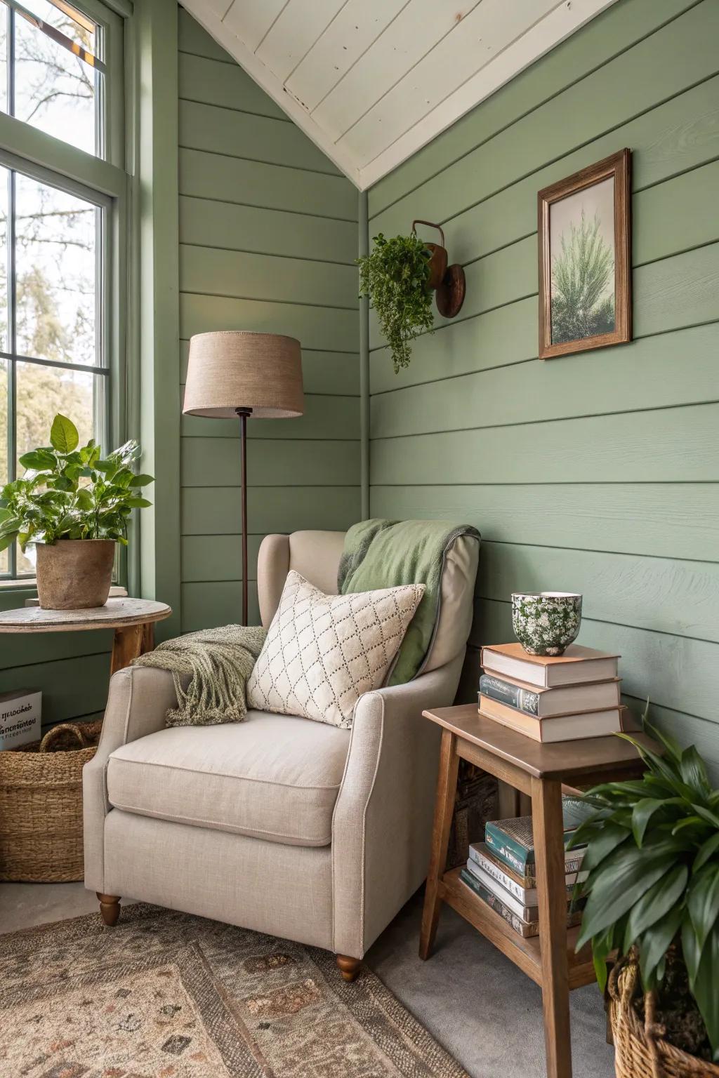 A reading nook featuring a sage green shiplap wall.