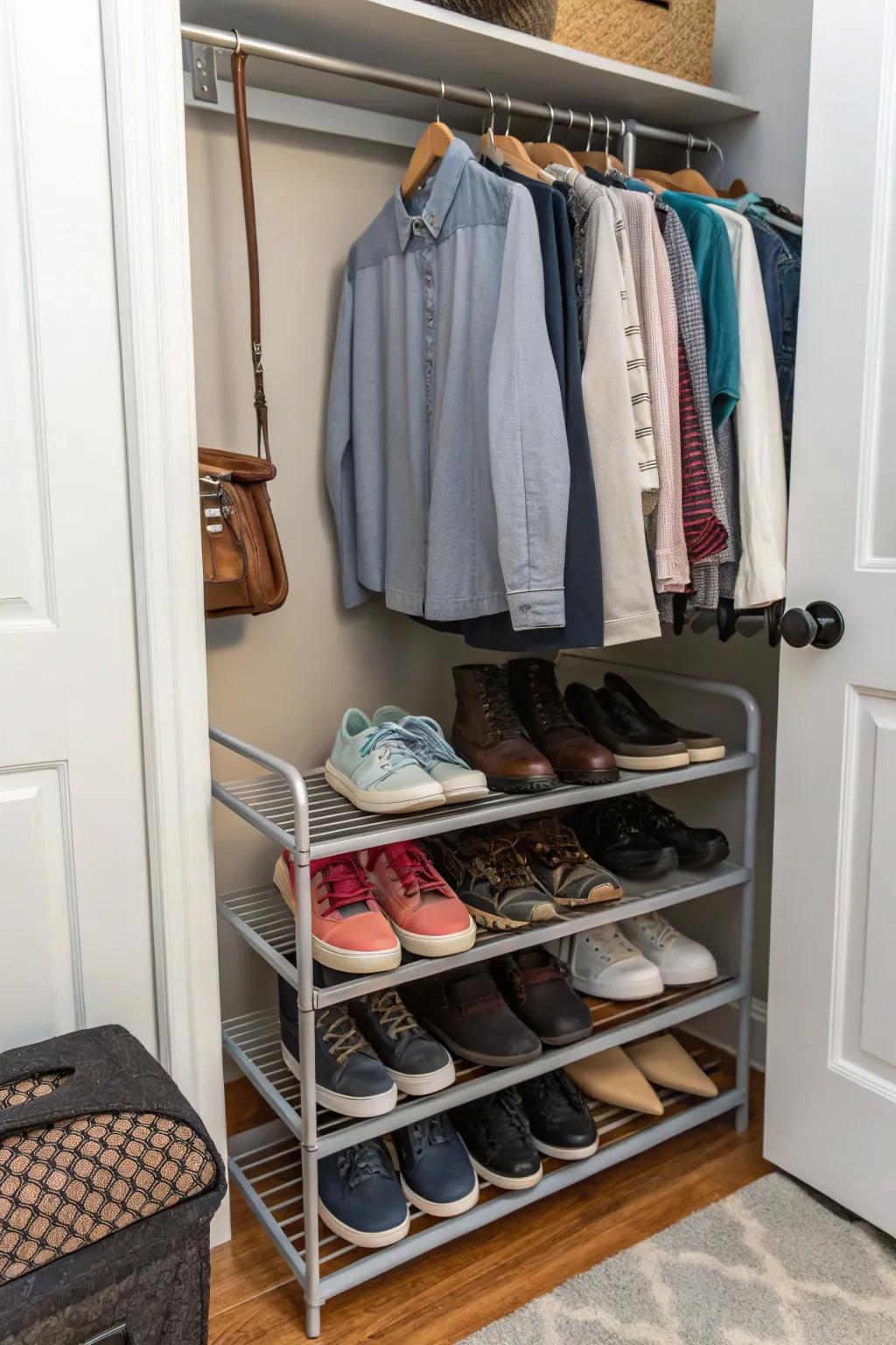 A shoe rack in the closet frees up floor space.