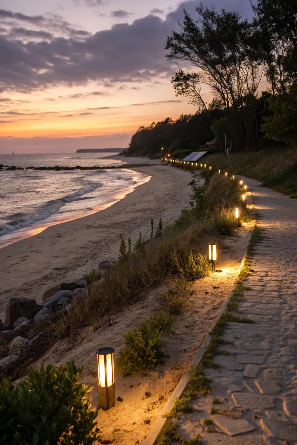 Eco-friendly lighting casting a warm glow over the shoreline at dusk.