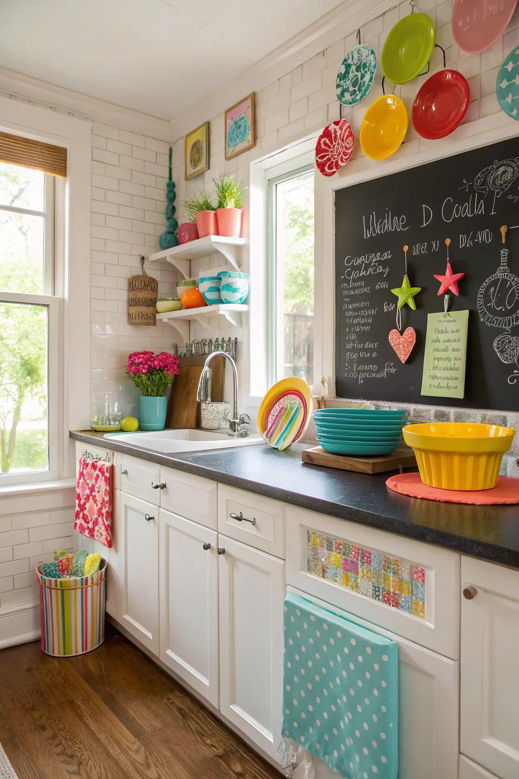 A chalkboard backsplash adds a playful, interactive element to this family-friendly kitchen.