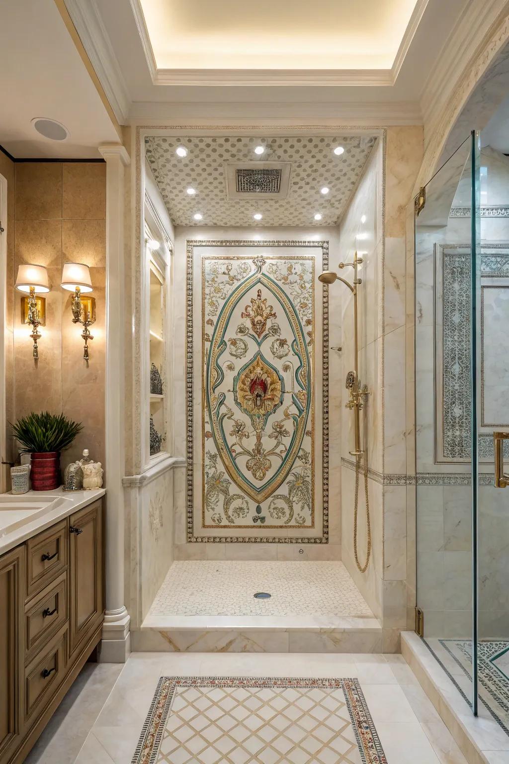 Tile murals create an artistic focal point in shower designs.