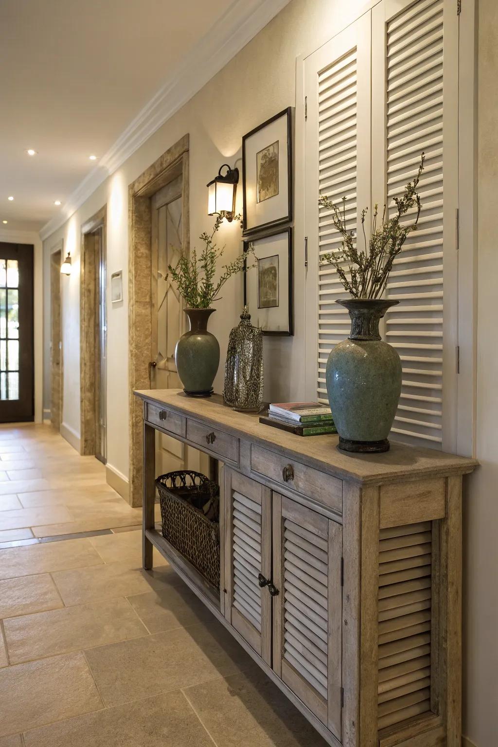 A welcoming hallway console crafted from shutter doors.