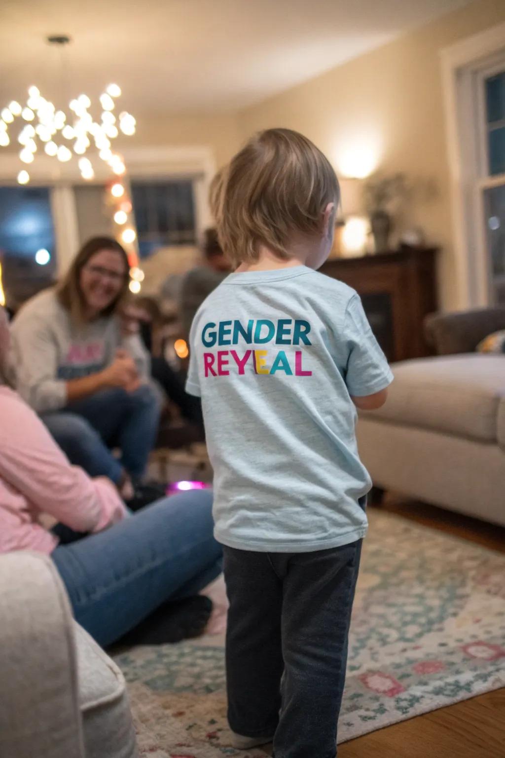 A sibling proudly announcing the gender with a T-shirt.