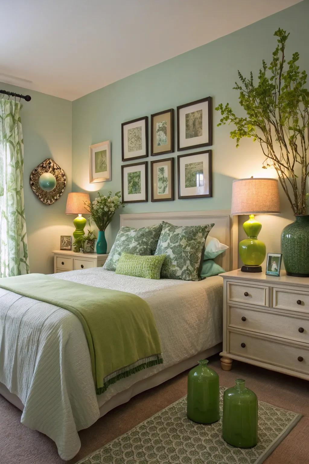 Green accessories bring subtle color and style to the bedroom.