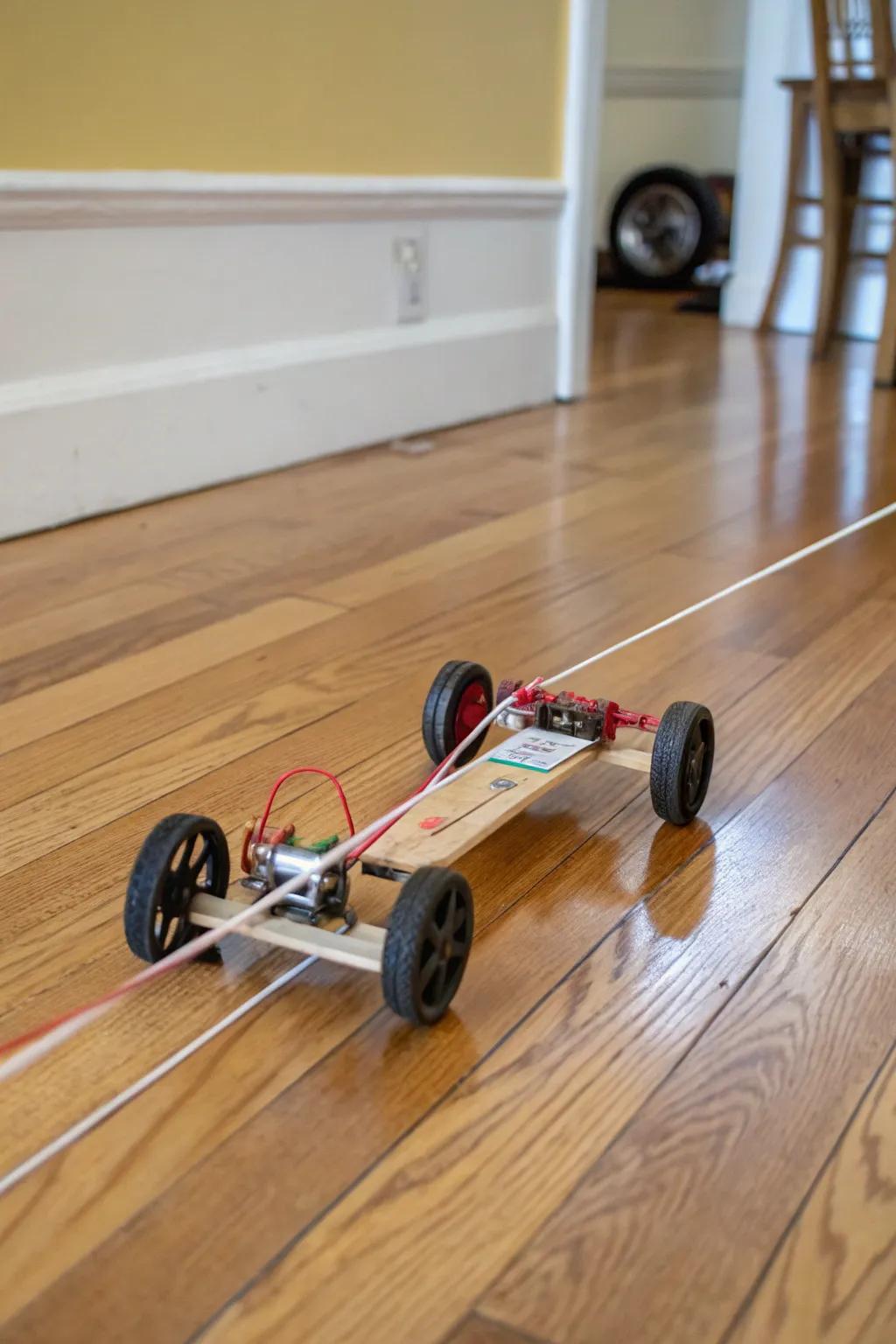 A dynamic rubber band car ready to roll