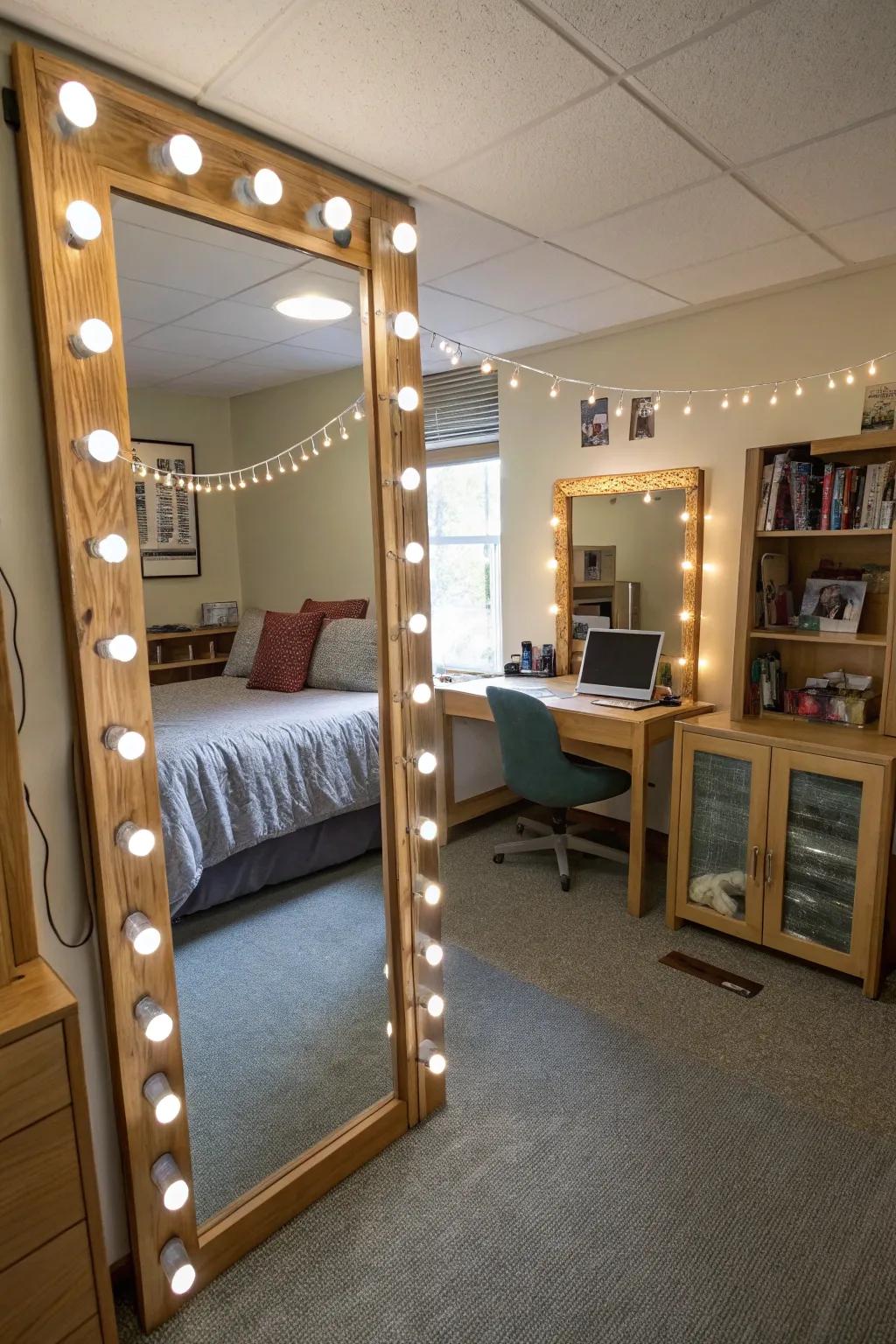 Mirrors strategically placed to reflect light and expand the feel of a dorm room.