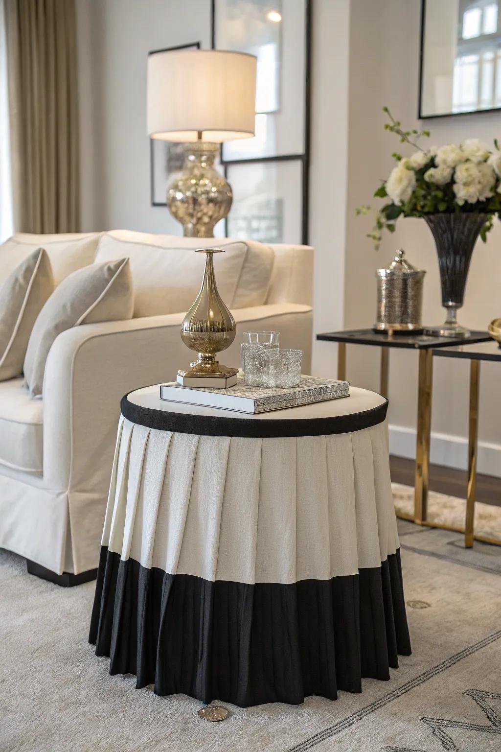 A monochrome skirted side table, adding a touch of modern elegance to a sleek living room.