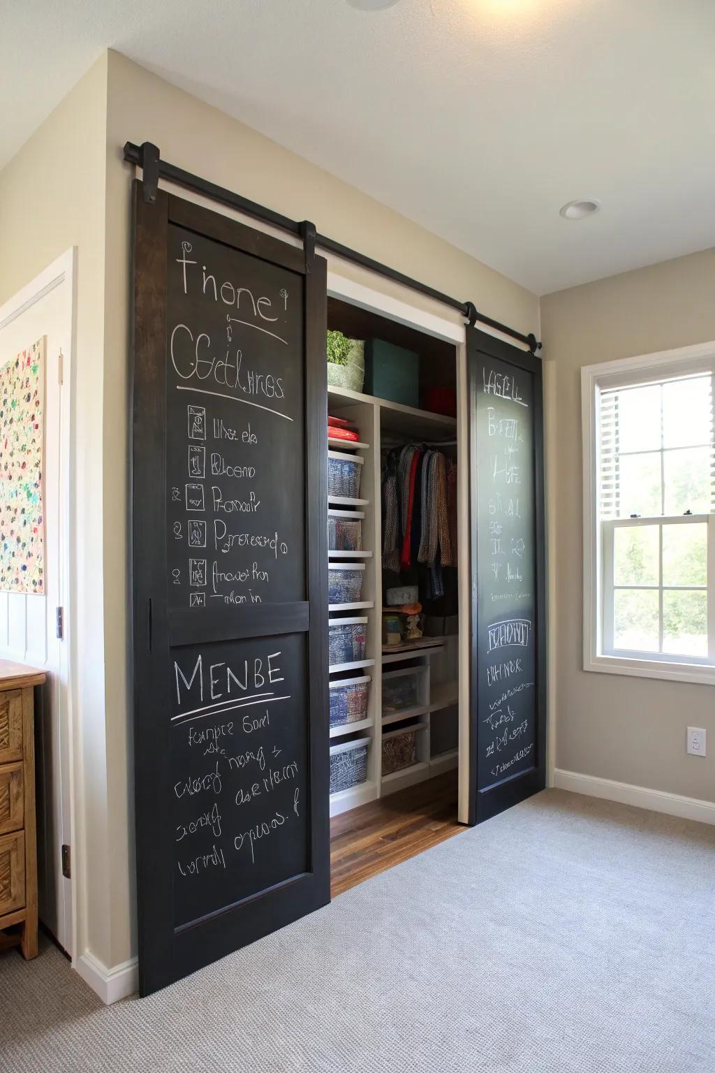 Chalkboard doors invite creativity and interaction.