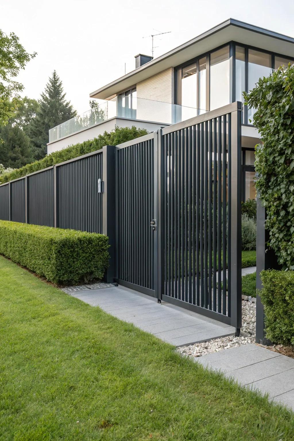 Vertical slats give this sliding gate a sleek, modern appearance.