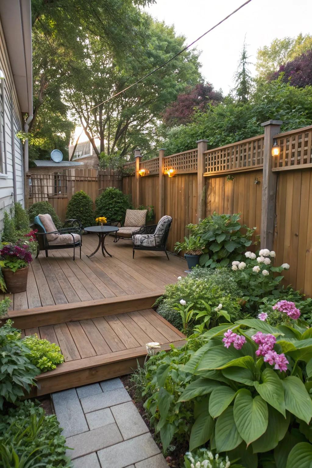 A small deck adds structure and functionality to the backyard.