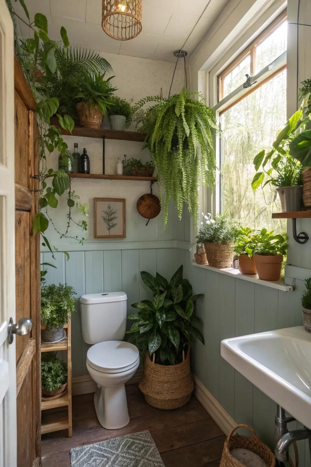 Plants add freshness and vitality to small bathroom spaces.