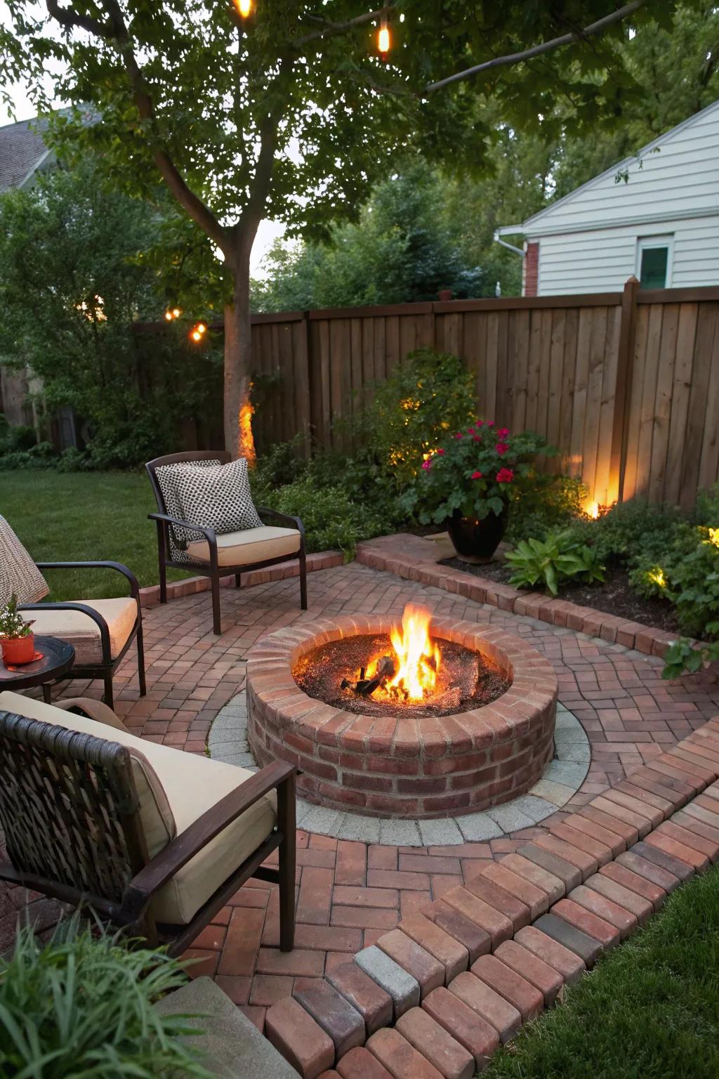 A small brick patio with a central fire pit.