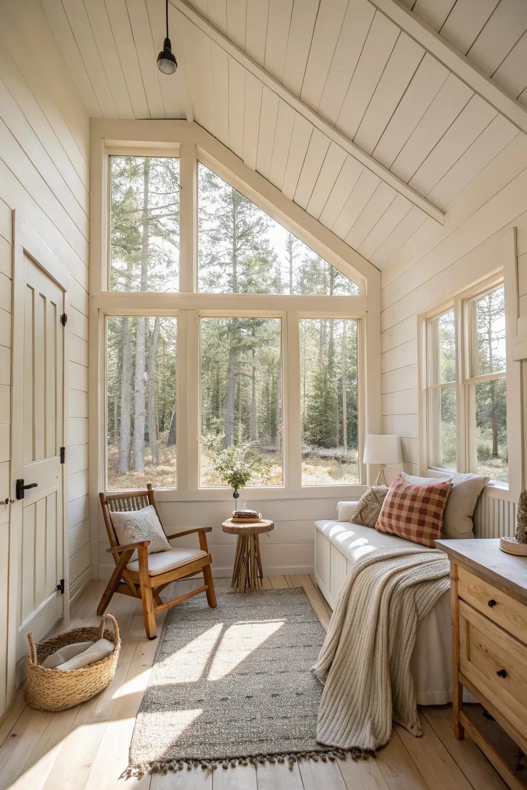 Light colors enhance the sense of space and tranquility in a cabin.