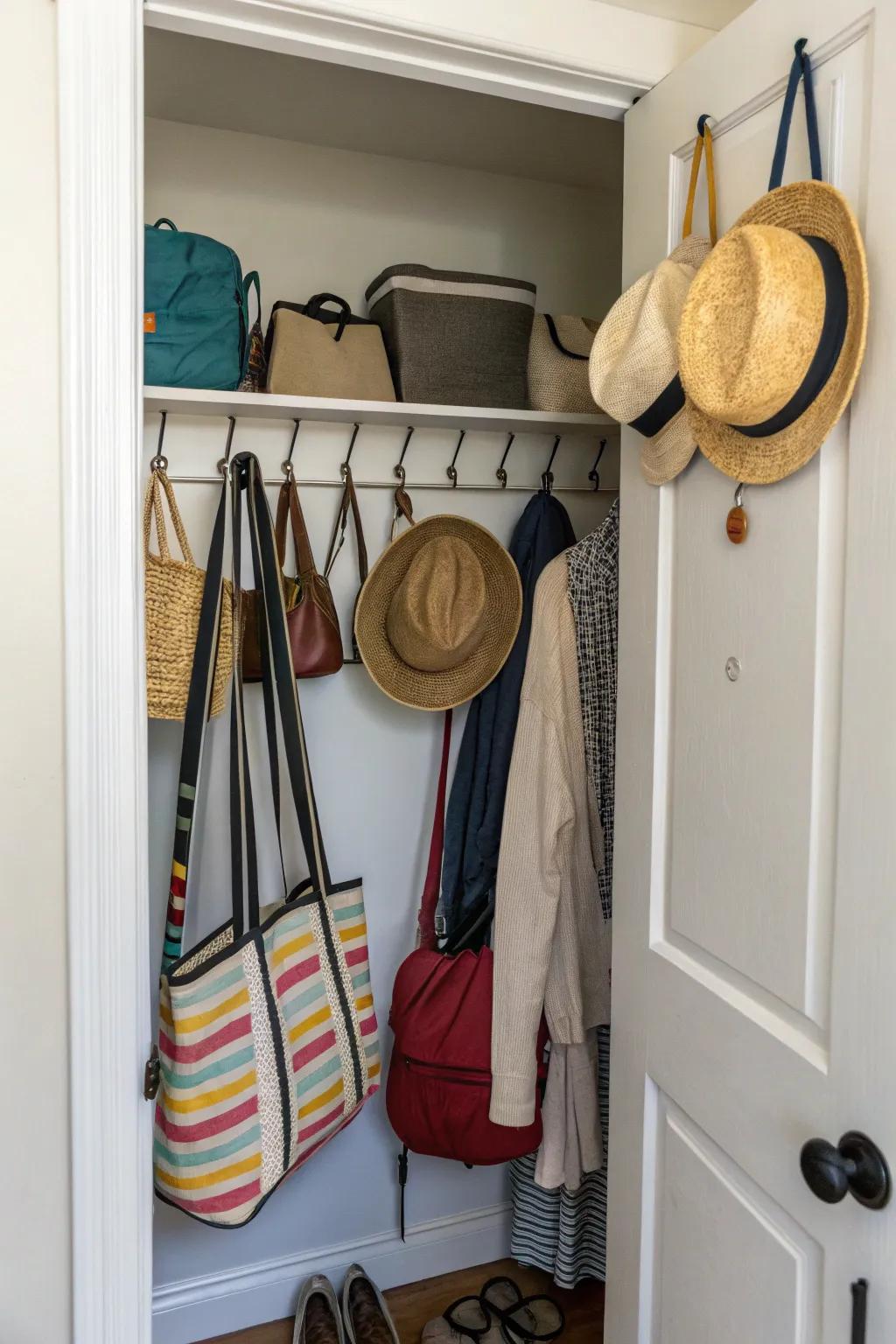 Hooks provide a simple solution for organizing accessories.