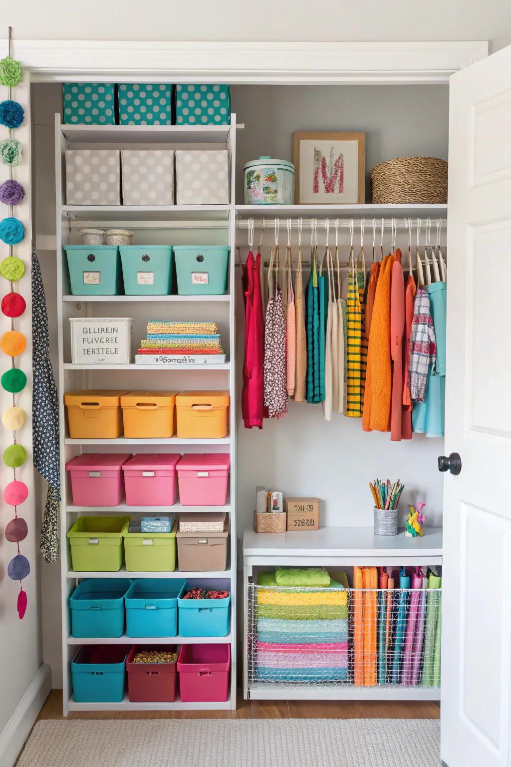 A craft closet can be a colorful and organized space.