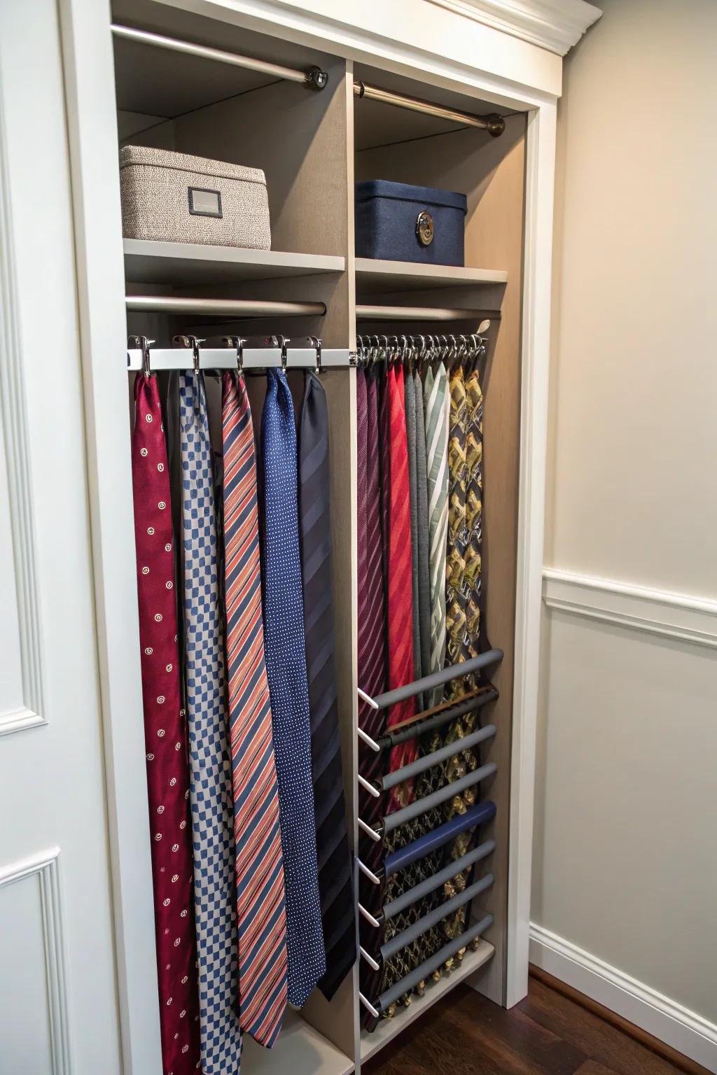 Pull-out tie racks keep ties organized and wrinkle-free.