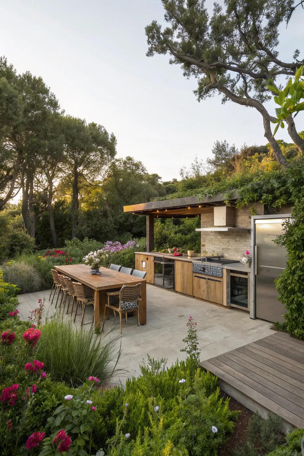 A harmonious blend of kitchen and garden creates a natural sanctuary.