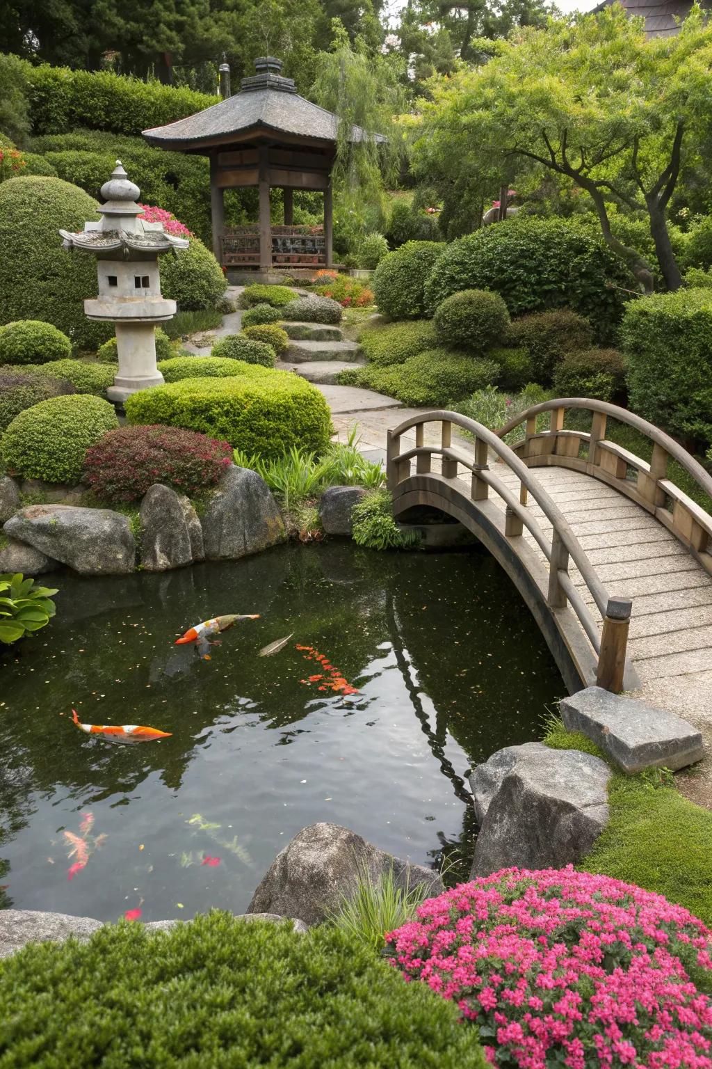 Symbolic elements like bridges add narrative and depth to the garden.