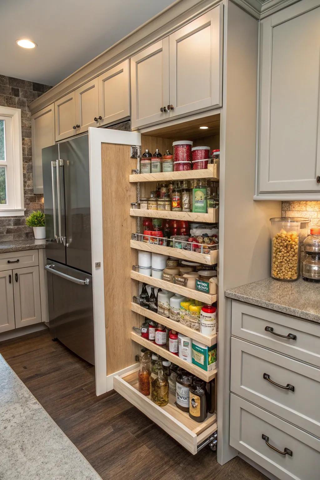 A pull-out pantry optimizes narrow kitchen spaces.