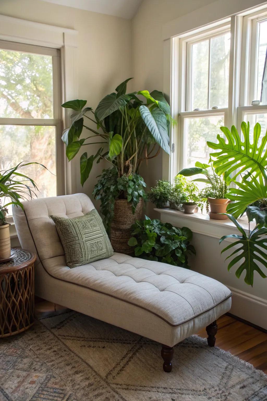 A vibrant small living room with a chaise lounge nestled among a variety of plants.