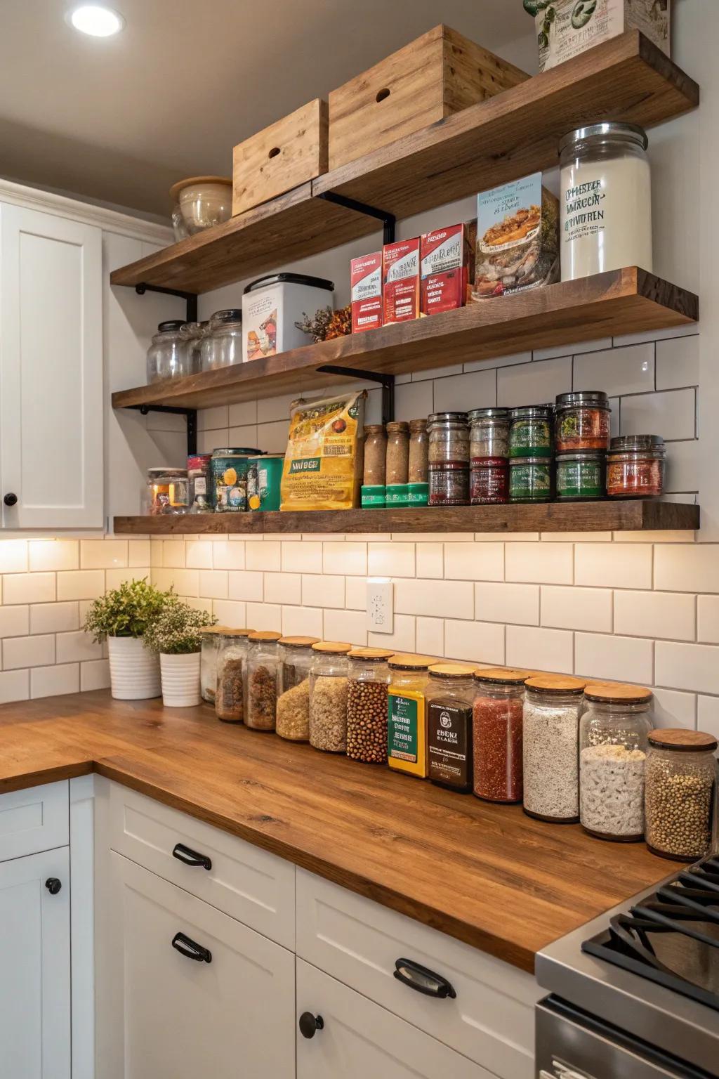 Floating shelves provide easy access to everyday items.