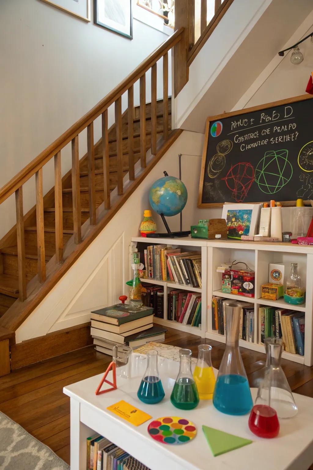 A mini science lab under the stairs for curious minds.