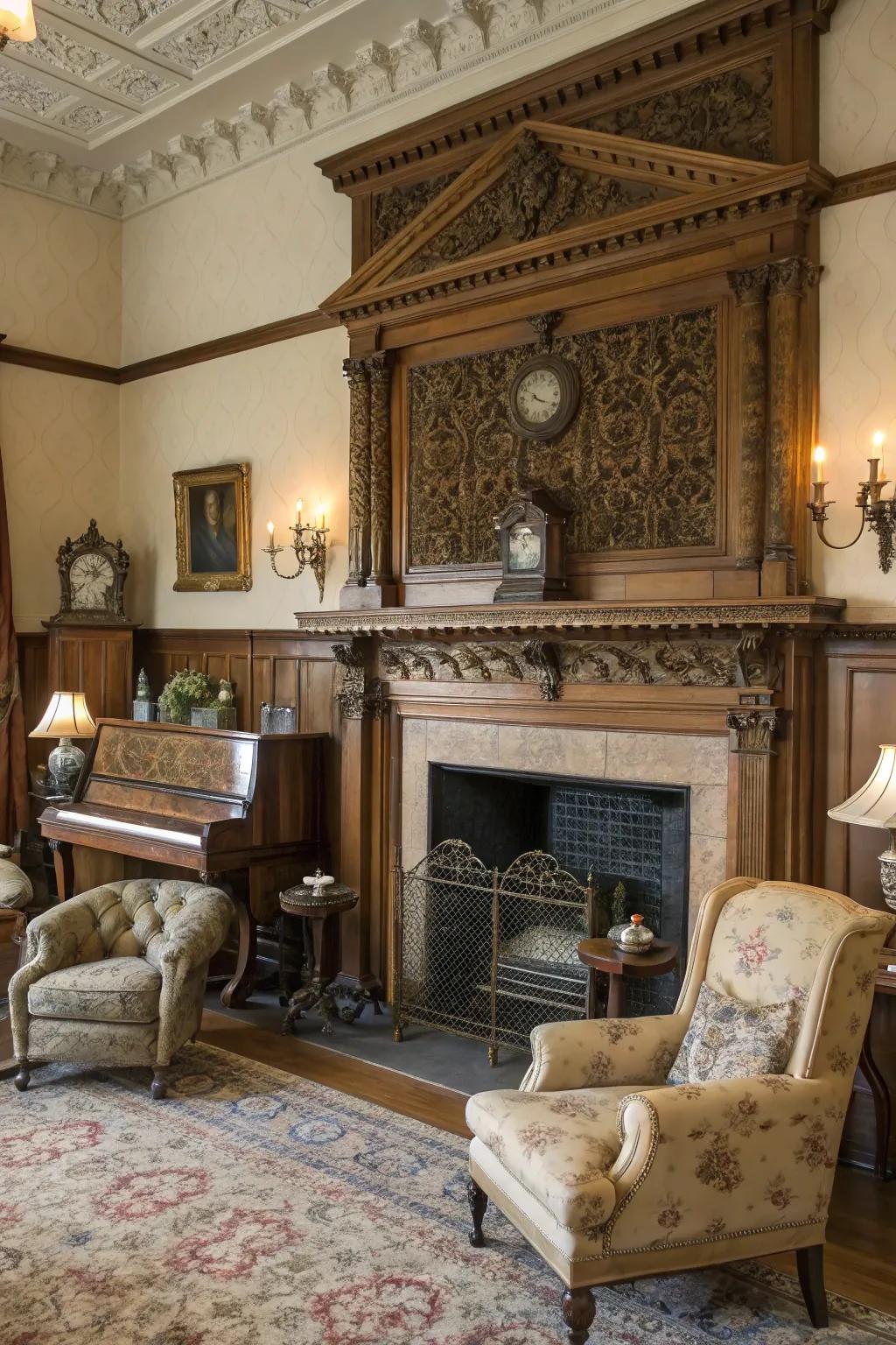 Carved mantelpieces offer a stunning, crafted backdrop.