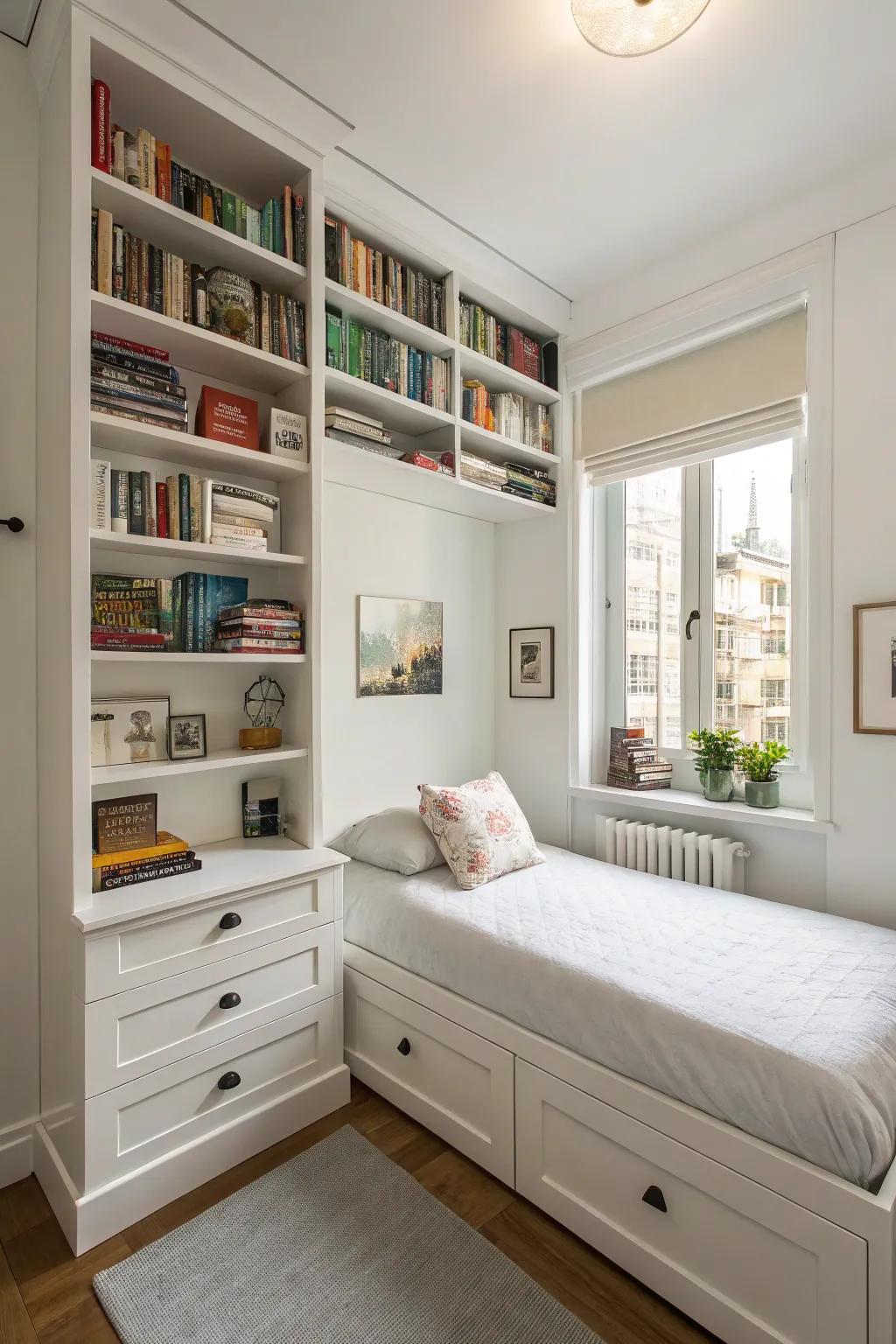 Utilizing vertical space keeps a small white bedroom functional and uncluttered.