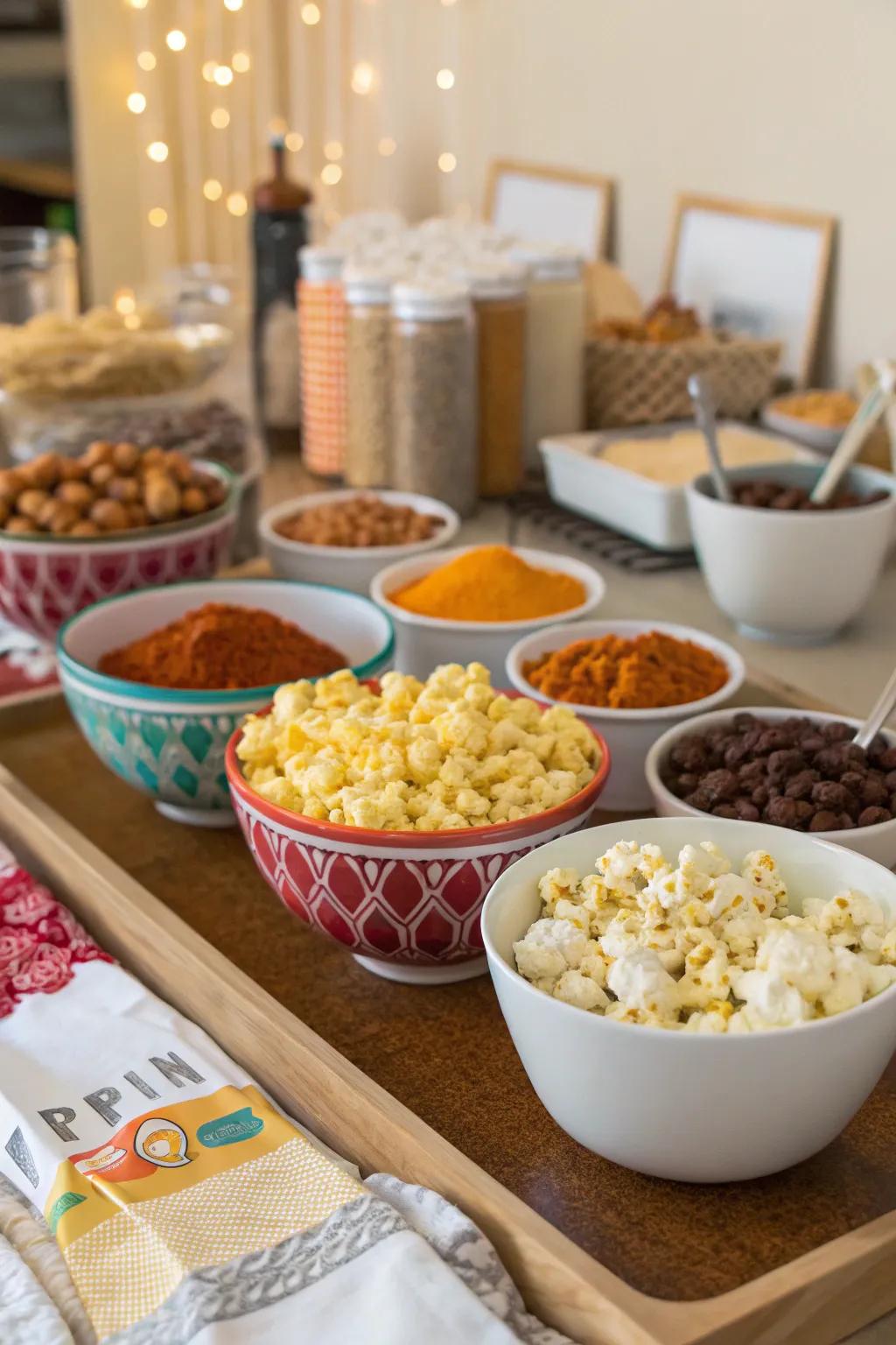 A popcorn bar with customizable toppings is a hit at any gathering.