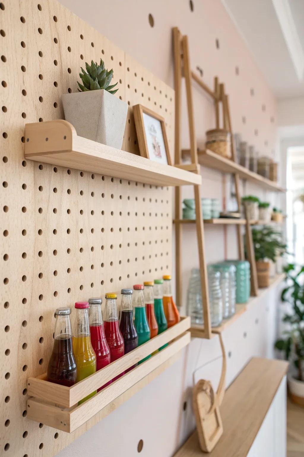 Elevate your soda storage with minimalist pegboard elegance. 🍾🌿 #ScandiBoho #CraftedSimplicity