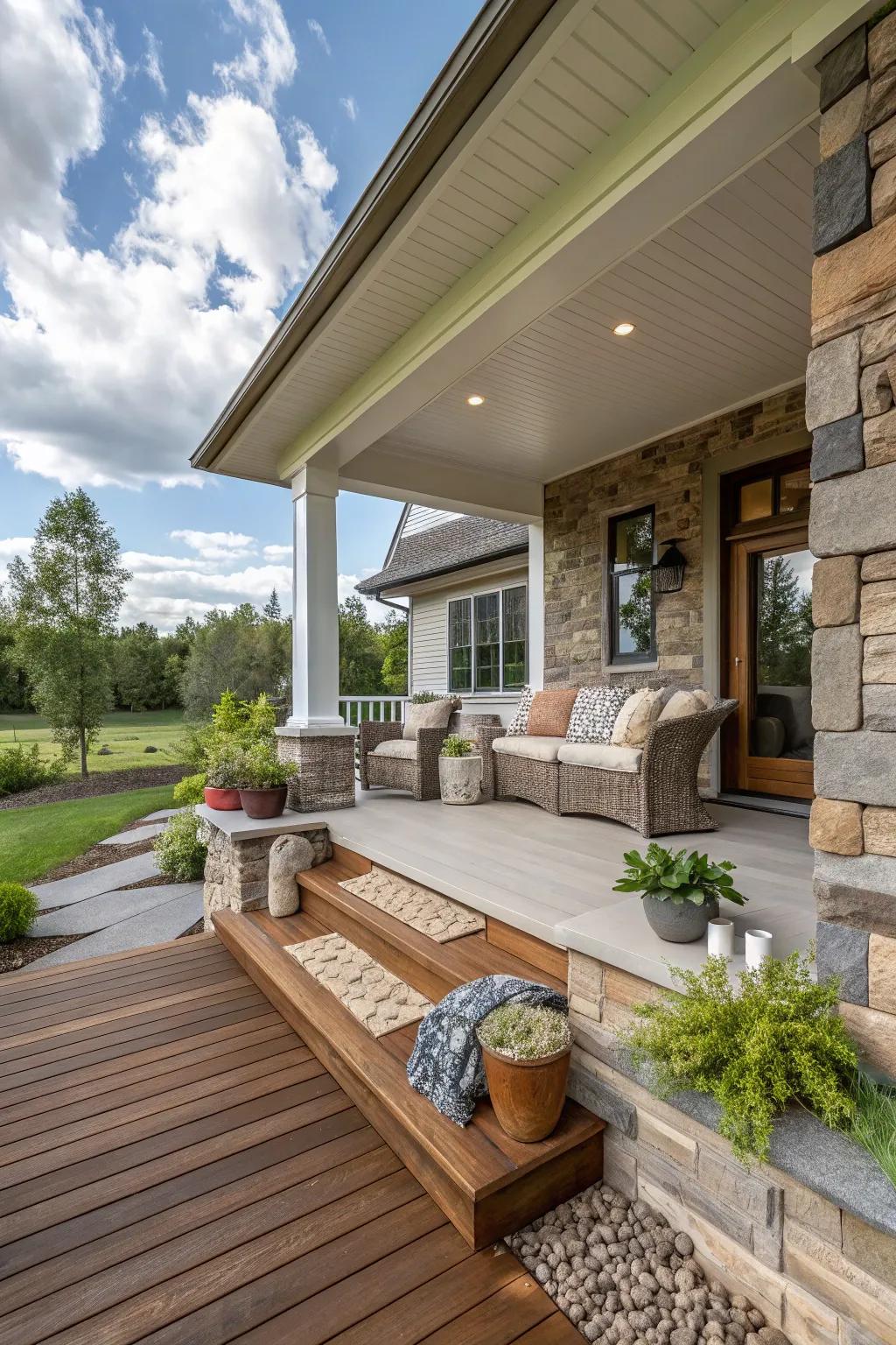 Layered textures contribute to a warm and inviting split foyer porch.