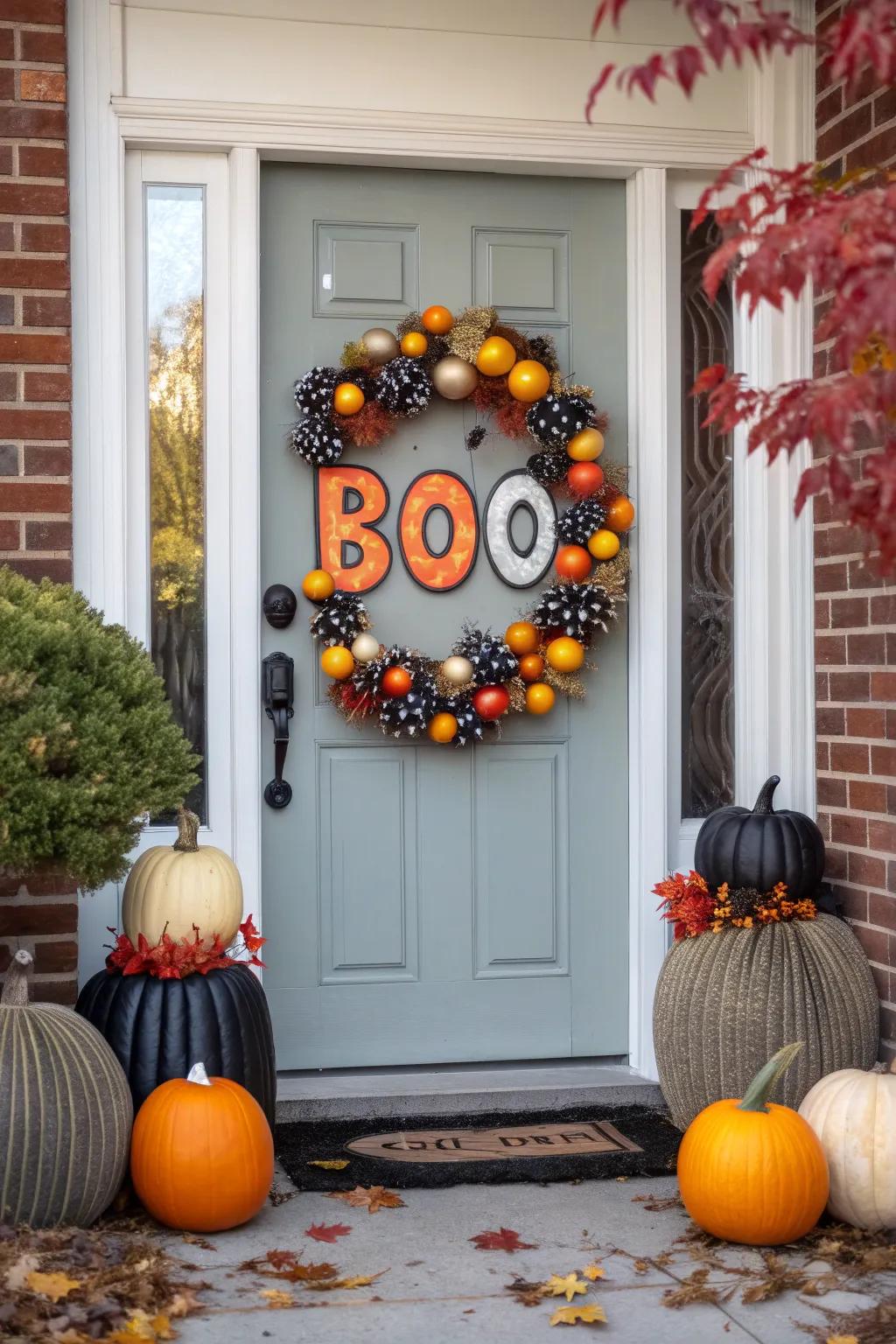 A “Boo” wreath is a festive and creative Halloween decoration.