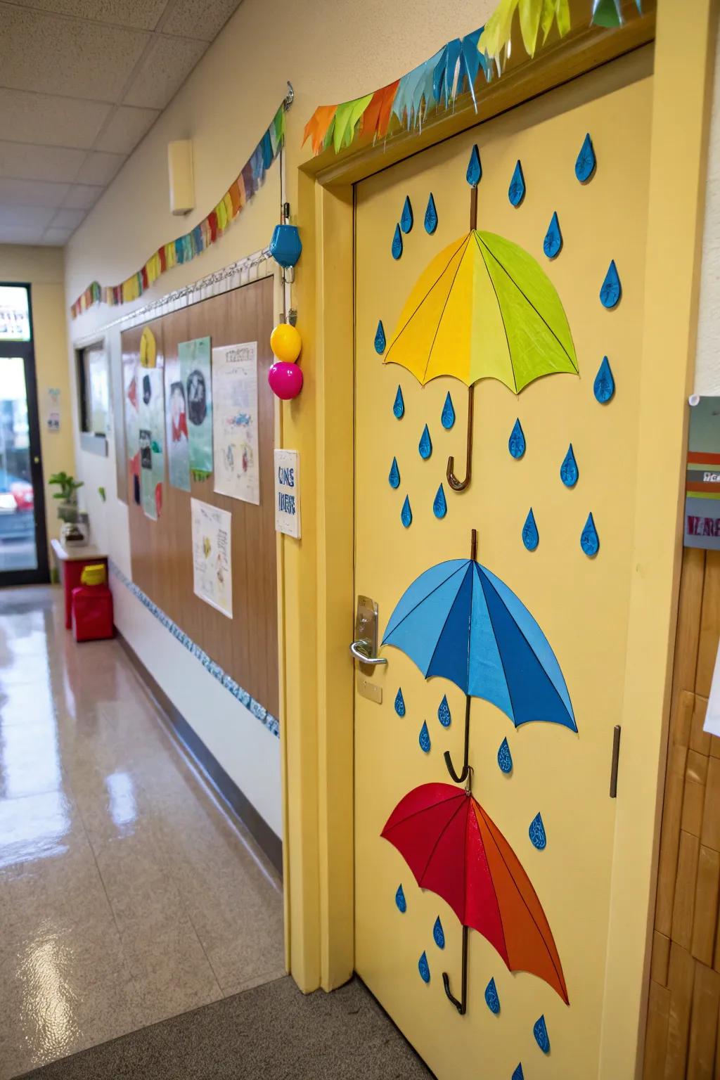 Umbrellas and raindrops bring a touch of spring rain to the door.