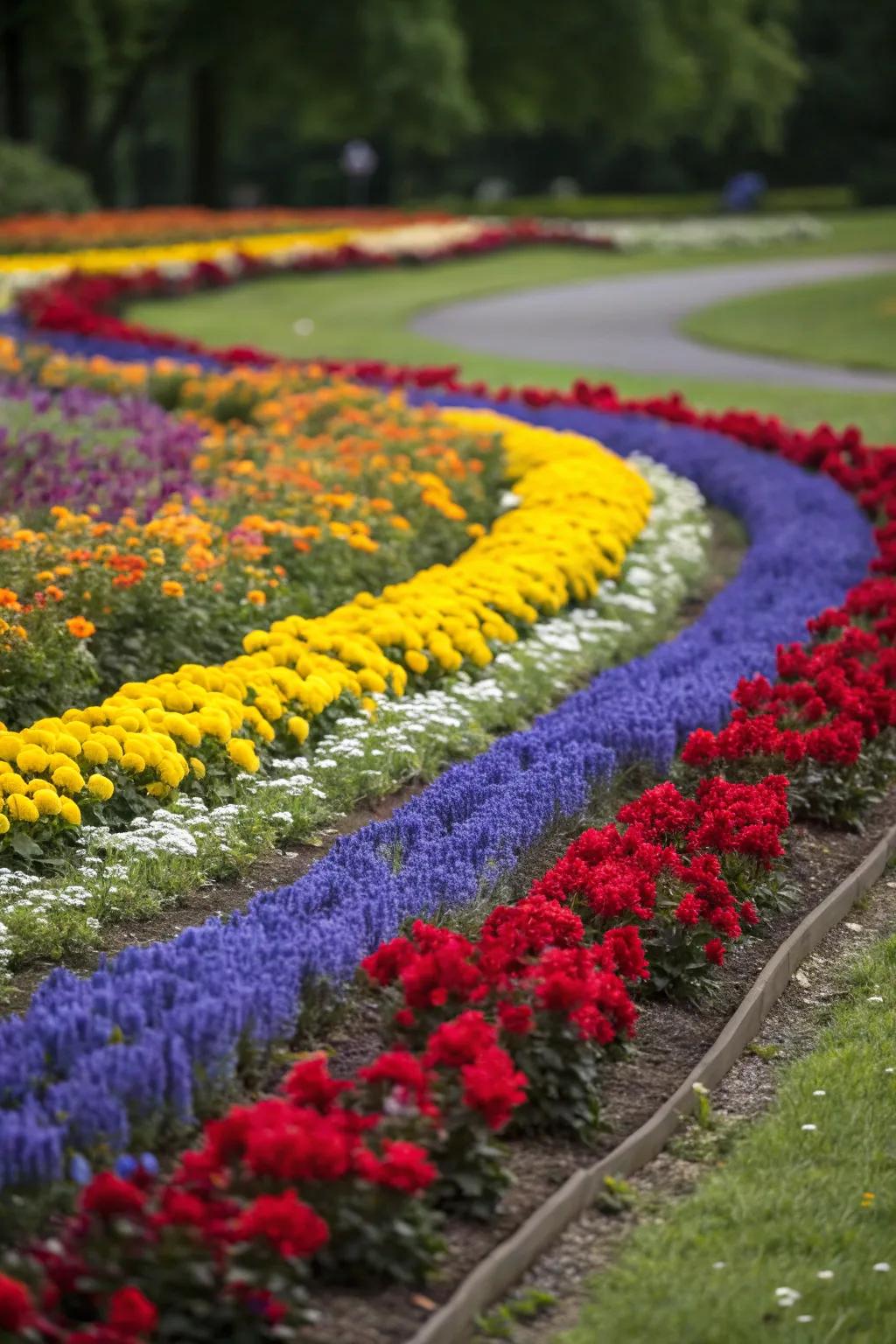 Color blocking creates visual drama in a stunning flower bed.