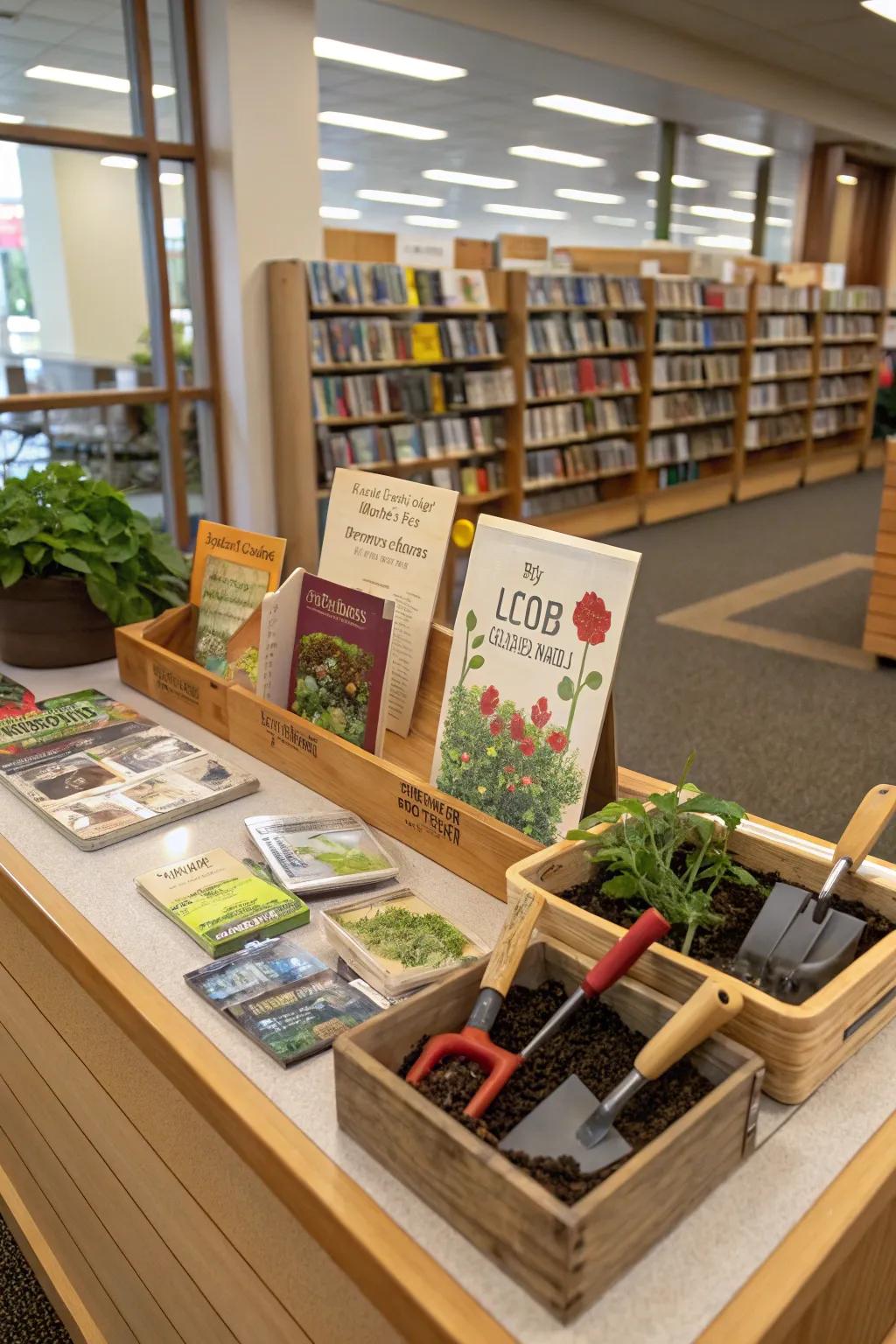 A gardening-themed display with books and seed packets.