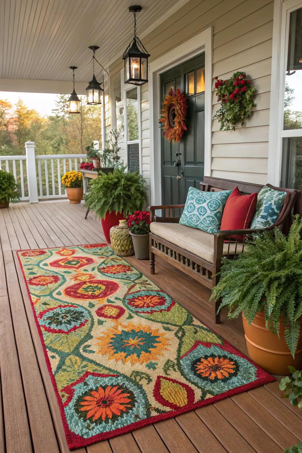 A seasonal rug adding color and pattern to the porch.