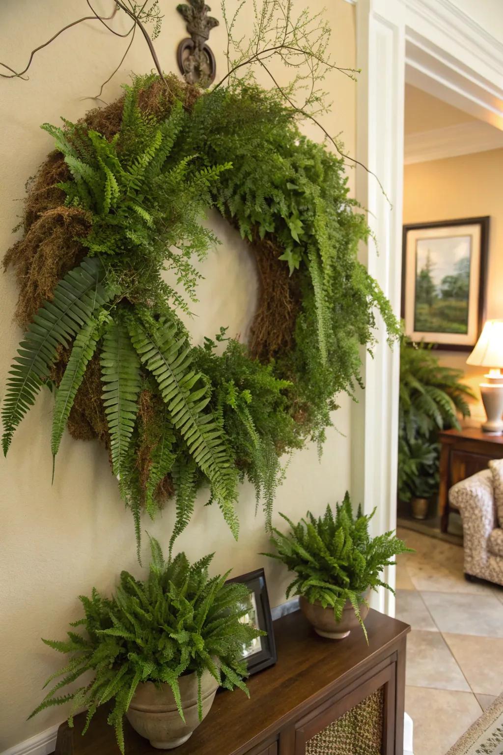 A living fern wreath that grows and thrives inside your home.