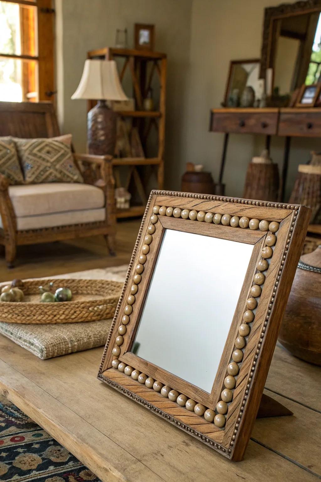 Add warmth with a wooden bead mirror frame.